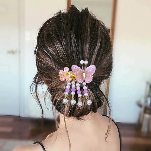 A Pair Wedding Hair Clips, Handmade Floral Design Crystal Hair Clips Pearl Barrettes, Rhinestones Flower Clips Pearl Headpieces Hair Pins Hair Accessories for Women Girls (Purple&Pink) - color: Purple&Pink