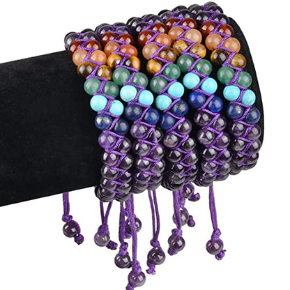 MASSIVE BEADS Double Layer Natural Chakra Healing Power Crystals Macrame Bracelet Yoga Stone Beads Gemstone Meditation Relax Anxiety Bangle for Unisex Women Men - color: 7-Chakras&Amethyst, size: 4mm