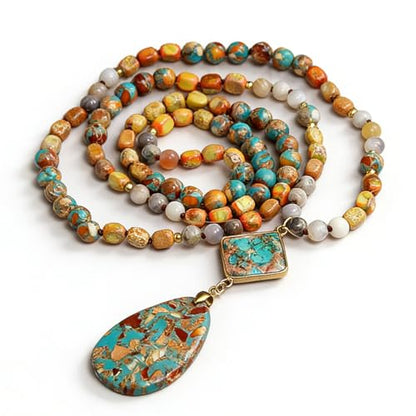 Yomisa Long Necklaces for Women Trendy, 33/34/35 inch | Boho Beaded Necklaces for Women, Natural Stone Pendant, Handmade Knotted Bead, Bohemian Holiday Summer Western Charm Jewelry - color: 35inch-Orange&Blue
