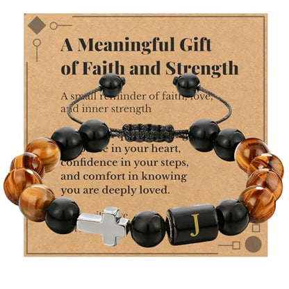 Initial Mens Bracelet with Cross - Religious Faith Beaded Bracelt Gift for Him Man Male Friend, Adjustable Tiger Eye Black Onyx Beads Braclet for Birthday Confirmation Sponsor Anniversary - color: Braided Rope-J