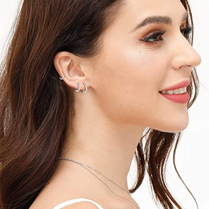 3 Pairs 925 Sterling Silver Small Hoop Earrings for Women Men | Cubic Zirconia, 14K White Gold Plated Huggie Hoop Earrings, Hypoallergenic - style: B-silver 8mm*3