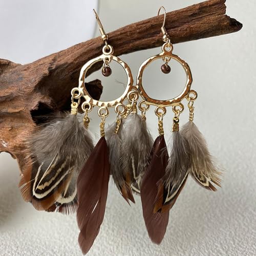 Feather Earrings for Women Boho Jewelry Peacock Feather Long Brown Light weight Western Earrings - color: A1:brown feather earrings