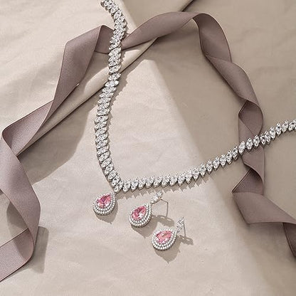 EVER FAITH CZ Marquise Leaf Teardrop Wedding Prom Jewelry Set for Women | Birthstone Pendant Necklace Dangle Earrings - color: Pink