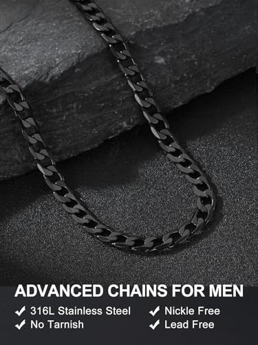 Suplight Cuban Link Chain Necklace for Men Women, Stainless Steel/Black/18K Gold Plated Chain 4mm/6mm/9mm Wide Cuban Chain Necklace, Hip Hop Jewelry 18"-30" - color: b. 6mm width-Black, size: 20 inches