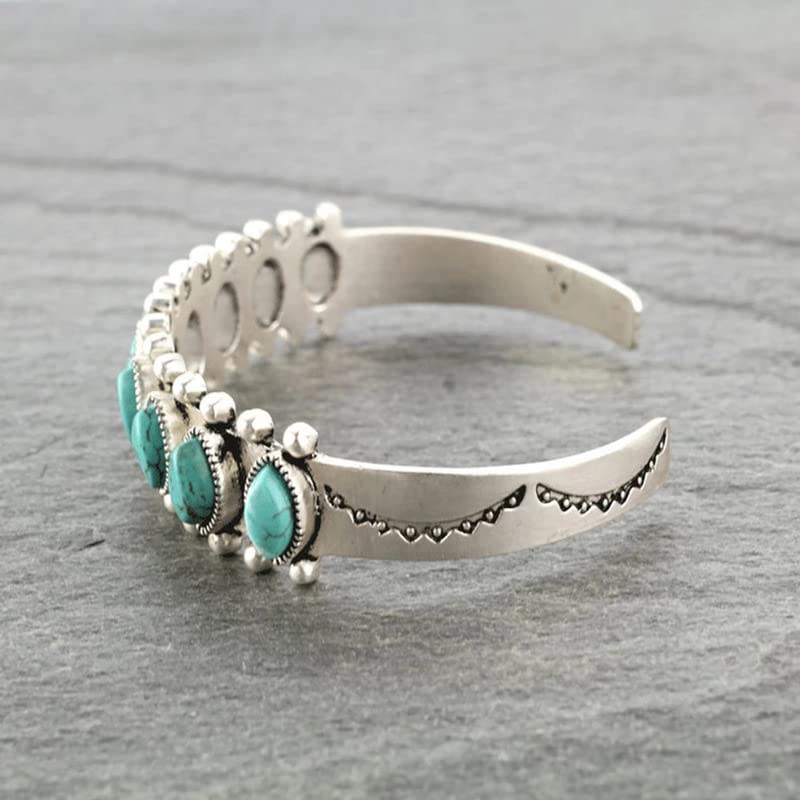 Bohemian Natural Stone Turquoise Engraved Cuff Bracelet Adjustable Wrap Bangle Western National Style for Women Gemstone Boho Jewelry - color: B