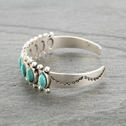 Bohemian Natural Stone Turquoise Engraved Cuff Bracelet Adjustable Wrap Bangle Western National Style for Women Gemstone Boho Jewelry - color: B