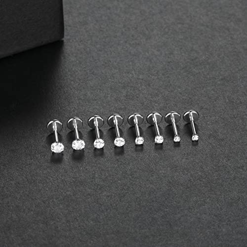 Oveta Threadless Push in Lip Rings 16G/18G/20G Labret Jewelry CZ Lip Studs Stainless Steel Cartilage Earrings for Women Monroe Medusa Piercing Jewelry 6/7/8/10/12mm Bar Length - color: Silver, size: 18G*6mm bar*1.5/2/2.5/3mm cz