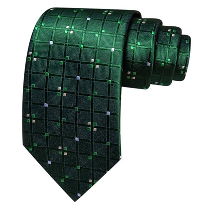 YOHOWA Men Plaid/Striped Ties Clip Set Silk Necktie Pocket Square Cufflinks | Woven Classic,Formal/Casual Mens Tie,Pocket Square Cufflinks Set,Luxury,Business,Wedding,Party,Prom,Graduation - color: Dark Green