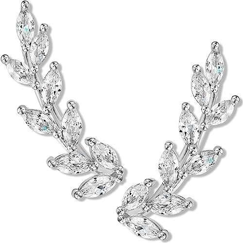 14K Gold or 925 Silver Plated Ear Crawler Earrings - Crystal Leaf Climbers | Hypoallergenic and Safe for Sensitive Ears - color: 925 Sterling Silver Plated