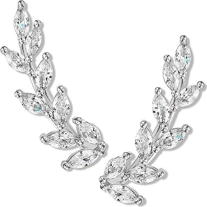 14K Gold or 925 Silver Plated Ear Crawler Earrings - Crystal Leaf Climbers | Hypoallergenic and Safe for Sensitive Ears - color: 925 Sterling Silver Plated