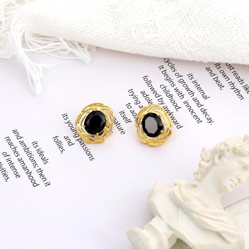 Chunky Gold Geometric Stud Earrings Trendy Vintage 14K Gold Plated Black Cubic Zirconia Statement Cocktail Earrings Dupes Jewelry for Women - style: Black Stone A