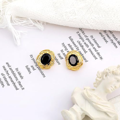 Chunky Gold Geometric Stud Earrings Trendy Vintage 14K Gold Plated Black Cubic Zirconia Statement Cocktail Earrings Dupes Jewelry for Women - style: Black Stone A