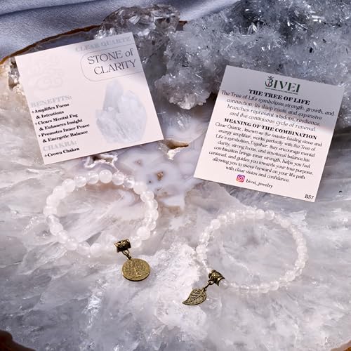 Bivei Natural Semi Precious Gemstone beads bracelet for women - Life Tree and Leaf Charm Energy Reiki Crystal Stretch Bracelets - color: Clear Quartz Bracelet Set, size: Medium:6.8-7.24inch