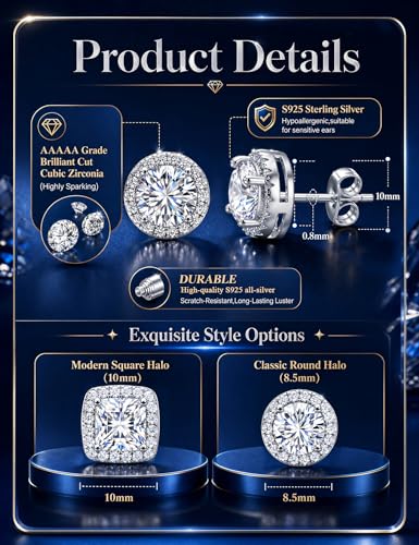 2 Pairs S925 Sterling Silver Stud Earrings for Women Halo Cubic Zirconia | 14K Gold Plated Hypoallergenic Non Tarnish Round Square Silver Stud Earring for Women Men Dainty Trendy Jewelry - style: Silver-Larger Stone