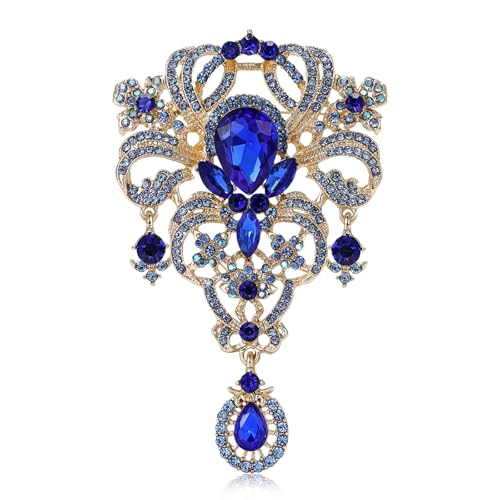 YOQUCOL Retro Austrian Crystal Big Brooch Pin for Women Large Flower Shape Brooches Lapel Pins for Sweater,Coat Dress Accessories - color: A-Blue
