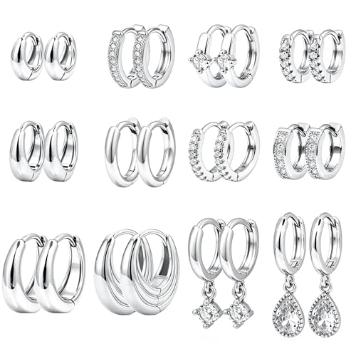 Wgoud 12 Pairs Small 14K Gold Plated Chunky Hoop Earrings for Women Hypoallergenic Lightweight Gold/Silver Hoop Earring Set for Sensitive Ears Trendy Cartilage Huggie Hoops Stacks for Multiple Piercing Jewelry - color: Silver-12 pairs