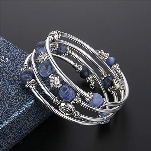 Beaded Pearl Bangle Wrap Bracelet - Fashion Bohemian Jewelry Multilayer Charm Bracelet with Thick Silver Metal Beads, Gift For Women - color: Navy Blue
