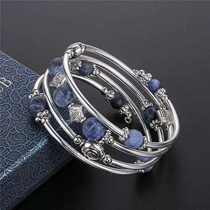 Beaded Pearl Bangle Wrap Bracelet - Fashion Bohemian Jewelry Multilayer Charm Bracelet with Thick Silver Metal Beads, Gift For Women - color: Navy Blue