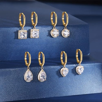 2-4 Pairs Dangle Drop Earrings for Women, 18K Gold Plated Cubic Zirconia Drop Dangle Huggie Hoop Earrings CZ Teardrop Hypoallergenic Jewelry - color: Yellow