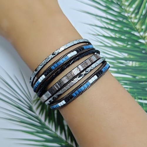 ZMANYIJEW Leather Wrap Bracelets for Women,Boho Cuff Bracelets Multi-Layer Crystal Beads Cuff Bracelet Multilayered Leopard Leather Braided Bangle Wrist Cuff Bangles - style: black