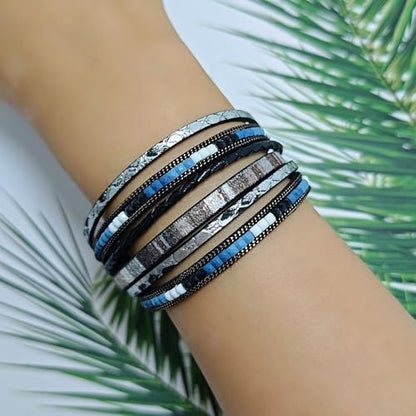 ZMANYIJEW Leather Wrap Bracelets for Women,Boho Cuff Bracelets Multi-Layer Crystal Beads Cuff Bracelet Multilayered Leopard Leather Braided Bangle Wrist Cuff Bangles - style: black
