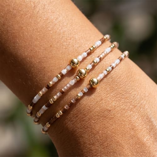 Small Seed Beaded Stack Bracelets Set for Women,Boho Handmade 3Pcs Colorful Glass Gold Stretch Accessories Jewelry, Summer Beach Wear Holiday Friendship Gift - color: Brown