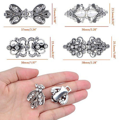 4pcs Antique Silver Rhinestone Sweater Swirl Clips Vintage Flower Cape Cloak Clips Cardigan Shawl Collar Clasp Dress Shirt Brooch Clips for Women