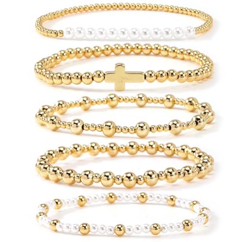 Colorful Gold Plated Stackable Ball Seed Beaded Bracelets Set For Women, Boho Handmade Romantic Stretch Accessories Jewelry, Daily Wear Holiday Party Friendship Gift - color: Freshwater Pearl
