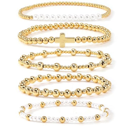 Colorful Gold Plated Stackable Ball Seed Beaded Bracelets Set For Women, Boho Handmade Romantic Stretch Accessories Jewelry, Daily Wear Holiday Party Friendship Gift - color: Freshwater Pearl