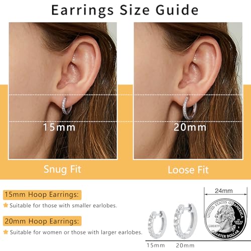 14K Gold Plated Hoop Earrings for Women with 925 Sterling Silver Post, Lightweight Small Hoop Earrings 15mm/20mm Huggie Hoop Earrings - color: CZ 2 Pcs - 925 Sterling Silver, size: 20MM