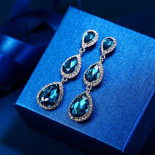 EleQueen Women's Crystal Teardrop Pear Shape 2.5 Inch Long Earrings | Dangle Earrings for Women, TearDrop Crystals Earrings for Bride Bridesmaid, Prom Jewelry for Wedding - color: 09-Blue
