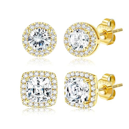 18K Gold Plated Halo Stud Earrings 925 Sterling Silver Cubic Zirconia Stud Earrings Round Square Diamonique Stud Earrings Set for Women Men - color: Gold1