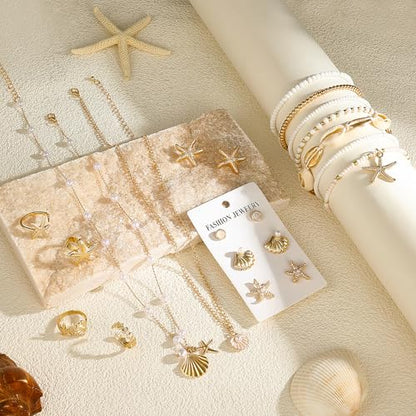 MEDOJO 17 Pcs Beach Jewelry for Women Seashell Starfish Earrings Rings Boho Summer Beach White Anklet Set Summer Jewelry Set