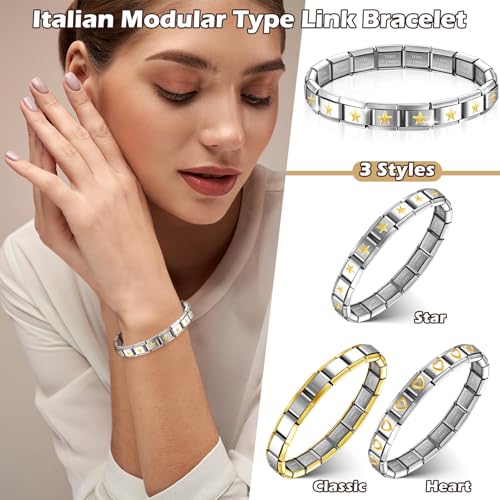 Huquary 6 Pcs Italian Charm Bracelets Shiny 9mm Starter 18 Links Stainless Steel Italian Bracelet Modular Links - color: Gold and Silver