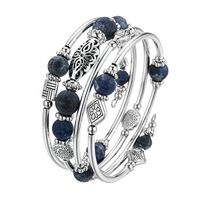BULINLIN Layered Wrap Bangle Turquoise Bracelet - Bead Bracelet with Natural Agate Stone, Gifts For Women - color: 04-Navy blue