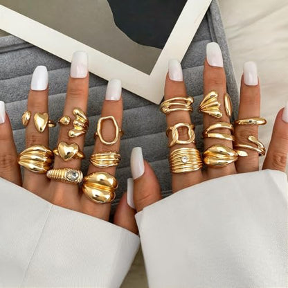 Chunky Rings for Women Non Tarnish 14k Stackable Dome Statement Rings Sets Vintage Dainty Knuckle Open Midi Finger Rings Jewelry Pack Gifts - style: Gold 16PCS