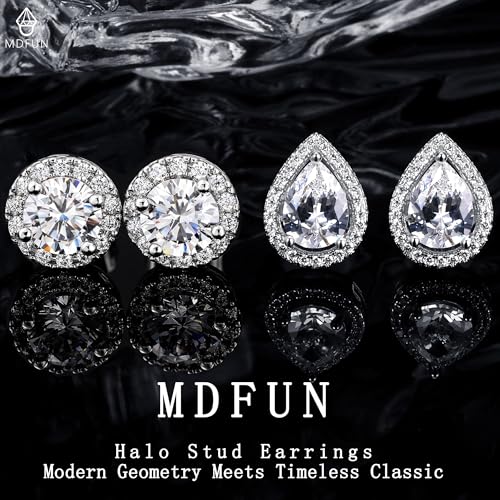 MDFUN Halo Stud Earrings 18K Gold Plated Round/Square/Heart/Teardrop Cubic Zirconia Earrings Set for Women - color: A-Round/Teardrop