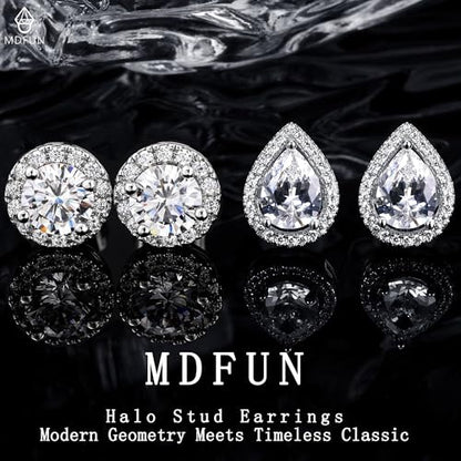 MDFUN Halo Stud Earrings 18K Gold Plated Round/Square/Heart/Teardrop Cubic Zirconia Earrings Set for Women - color: A-Round/Teardrop