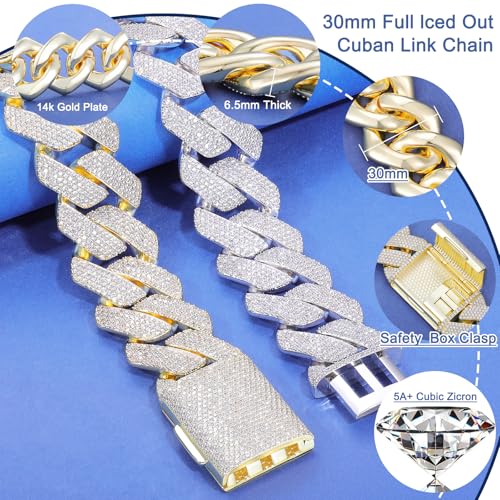 Ucciyo 30MM/25MM Cuban Link Chain for Men, Luxury Iced Out Diamond Chain | Luxurious Diamond-Simulated, Large Miami Cuban Style, 18K Gold Plated - color: 30MM-Gold, size: 24 Inch