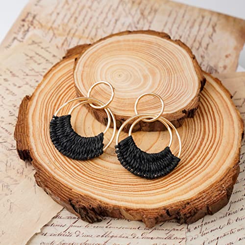 Raffia Hoop Earrings for Women Fun Boho Summer Beach Earrings Lightweight Handmade Straw Wicker Rattan Dangle Earrings Statement Geometric Round Drop Earrings - color: Black - Round