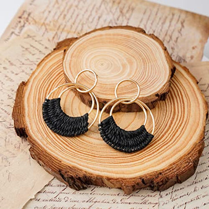 Raffia Hoop Earrings for Women Fun Boho Summer Beach Earrings Lightweight Handmade Straw Wicker Rattan Dangle Earrings Statement Geometric Round Drop Earrings - color: Black - Round