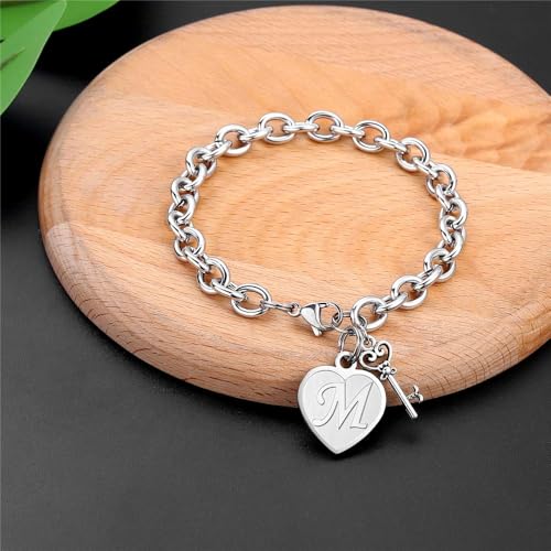 M MOOHAM Heart Initial Bracelets for Girls Women - Engraved 26 Letters Initial Charms Bracelet Stainless Steel Bracelet Birthday Christmas Jewelry Gift for Women Teen Girls - style: M - Heart