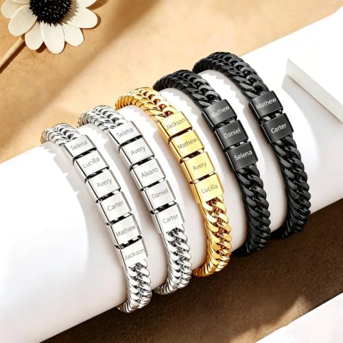 LAPE Custom Cuban ID Bracelet for Men with Engraved Name Stainless Steel | Custom engraved name beads, stainless steel Cuban chain, personalized men jewelry, gift for husband, dad, lover, friend
