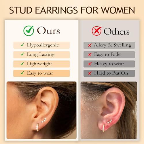 14K Gold Plated Hypoallergenic Stud Hoop Earrings Sets for Women | 7 Pairs Gold Earrings for Women Trendy, Cartilage Earring Lightweight Helix Lobe Tragus Conch Earrings for Women - color: 14K Gold Plated