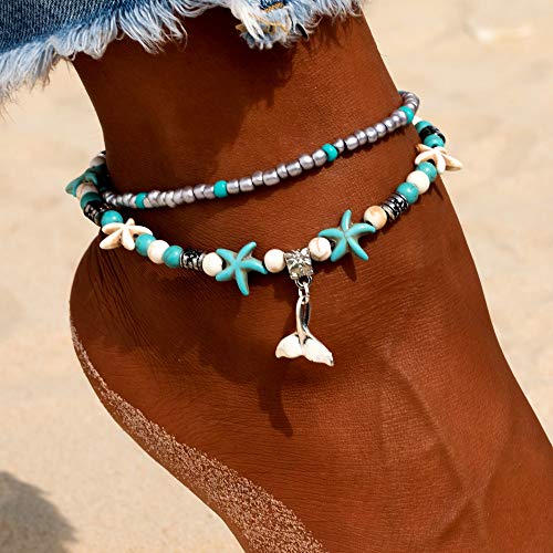 Softones Blue Starfish Turtle Anklet Multilayer Charm Beads Sea Handmade Boho Anklet Foot Jewelry for Women - style: N:Tail