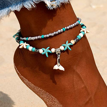 Softones Blue Starfish Turtle Anklet Multilayer Charm Beads Sea Handmade Boho Anklet Foot Jewelry for Women - style: N:Tail
