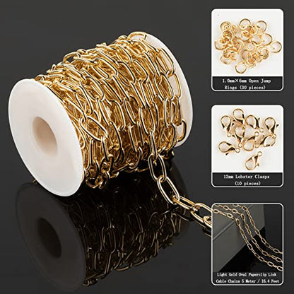 16.4 Feet Aluminum Oval Light Gold Chains for Jewelry Making Unwelded Paperclip Link Cable Chain Roll Necklace Chains Bulk with Lobster Clasps and Jump Rings - color: 8×16mm-Gold