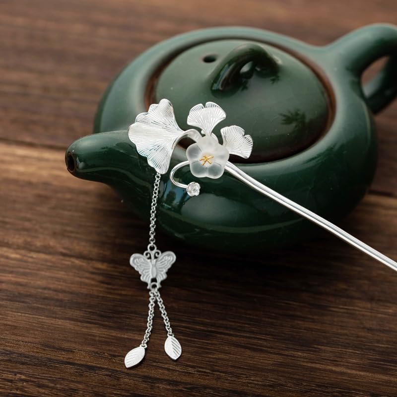 Ginkgo leaf with Jade and Butterfly Tassel S925 Silver Plated Hairpin Chinese Hanfu Style Hair Sticks Hair Clip Hair Accessories for Women(Ginkgo leaf) - color: Ginkgo leaf