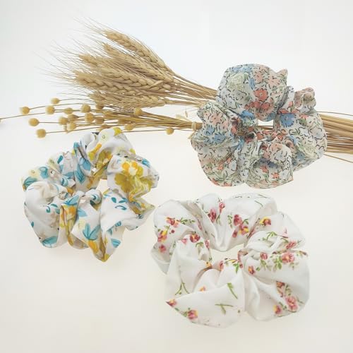 6 PACK Hair Scrunchies, Hair Elastics Bands Floral Hair Scrunchie, Elastic Rubber Bands Chiffon Hair Scrunchies for Thick Curly Hair Flower Hair Ties Hair for Women Girls