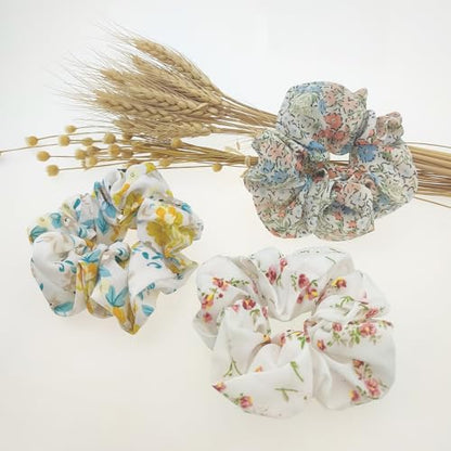 6 PACK Hair Scrunchies, Hair Elastics Bands Floral Hair Scrunchie, Elastic Rubber Bands Chiffon Hair Scrunchies for Thick Curly Hair Flower Hair Ties Hair for Women Girls
